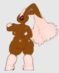 ankle_tuft anthro arm_tuft big_butt big_ears black_sclera breasts brown_body brown_fur butt ear_tuft eyebrows female floppy_ears fur generation_4_pokemon grey_background hi_res leg_tuft long_ears looking_at_viewer looking_back looking_back_at_viewer lop_ears lopunny nintendo pincparti pink_body pink_fur pokemon pokemon_(species) rear_view red_eyes simple_background smile solo thick_eyebrows tuft wrist_tuft
