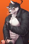  abs absurd_res anthro canid canine canis domestic_dog erection eyewear genitals glasses hayatohalada hi_res japanese_text male mammal masanori muscular muscular_anthro muscular_male nipple_fetish nipple_play pecs penis simple_background solo sound_effects text tokyo_afterschool_summoners video_games 