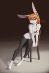  abbi_(kilinah) absurd_res anthro blush bottomwear breasts chair cleavage clothed clothing female fully_clothed fur furniture hair hi_res inside lagomorph leporid long_ears looking_at_viewer mammal orange_hair pants rabbit sitting smile solo sy_noon white_body white_fur 