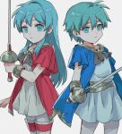  1boy 1girl aqua_eyes aqua_hair bangs boots bracelet eirika_(fire_emblem) ephraim_(fire_emblem) fire_emblem fire_emblem:_the_sacred_stones fire_emblem_heroes hair_between_eyes highres holding holding_sword holding_weapon jewelry kometubu0712 looking_at_viewer official_alternate_costume rapier siblings sidelocks sword thigh_boots thighhighs twins weapon white_background younger 