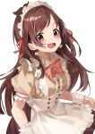  1girl :d absurdres alternate_costume apron bangs blush bow breasts brown_hair brown_shirt brown_skirt center_frills collared_shirt enmaided eyebrows_visible_through_hair frilled_apron frills haruyuki_(gffewuoutgblubh) highres idolmaster idolmaster_cinderella_girls long_hair looking_at_viewer maid maid_headdress medium_breasts open_mouth pink_bow puffy_short_sleeves puffy_sleeves purple_eyes red_ribbon ribbon shimamura_uzuki shirt short_sleeves simple_background skirt smile solo striped striped_bow upper_teeth very_long_hair white_apron white_background wrist_cuffs 