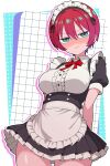  1girl absurdres amate_yuzuriha apron arms_behind_back blush bow bowtie breasts commentary dress frilled_apron frilled_dress frills green_eyes gundam gundam_gquuuuuux highres large_breasts looking_at_viewer maid maid_apron maid_headdress mobile_suit_gundam odorukaminoke red_bow red_bowtie red_hair short_sleeves solo waist_apron white_apron 