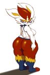 anthro big_breasts big_butt bottomwear breasts butt butt_cleavage cheek_tuft cinderace clothing eyelashes facial_tuft female fur generation_8_pokemon hi_res huge_butt looking_at_viewer looking_back looking_back_at_viewer nintendo orange_bottomwear orange_clothing orange_eyes orange_nose orange_pants pants pincparti pokemon pokemon_(species) rear_view simple_background solo thick_thighs tuft white_background white_body white_fur wide_hips