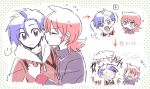  2boys ? ahoge blue_eyes blue_hair blush chibi closed_mouth couple embarrassed ethan_(pokemon) gensi high_collar jacket kiss male_focus multiple_boys open_mouth pokemon pokemon_(game) pokemon_hgss red_eyes red_hair short_hair signature silver_(pokemon) simple_background surprise_kiss surprised yaoi 