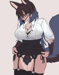 absurd_res anthro big_breasts black_clothing black_hair black_panties black_underwear blue_highlights blush bodily_fluids bottomwear bra breasts canid canine chest_tuft clothed clothing clothing_lift digital_media_(artwork) female garter_belt garter_straps hair hi_res highlights_(coloring) j8k_s lace_bra legwear mammal markings mole_(marking) open_blouse panties pubes simple_background skirt skirt_lift solo stockings sweat sweatdrop tail tuft underwear uwu yellow_eyes