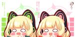  2girls :d absurdres animal_ears bangs blonde_hair blue_archive blush_stickers bow cat_ear_headphones chestnut_mouth chibi eyebrows_visible_through_hair fake_animal_ears green_bow hair_bow hand_up headphones highres kurukurumagical midori_(blue_archive) momoi_(blue_archive) multiple_girls open_mouth red_bow smile sweat teardrop translation_request v-shaped_eyebrows wavy_mouth white_background 
