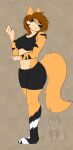  2017 anthro barefoot black_body black_fur blue_eyes brown_hair canid canine claire_o&#039;bryan feet felid female fox fur hair head_turned hi_res hybrid mammal pantherine raised_arm serious_face solo somniumfox stripes_(marking) tiger watermark white_body white_fur yellow_body yellow_fur 