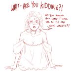1:1 absurd_res blush breasts cleavage clothed clothing english_text exasperated female hair hi_res human human_only lingerie long_hair mammal monochrome not_furry offscreen_character open_mouth secretly_loves_it simple_background snowandmonsters solo speech_bubble teratophilia text white_background