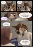 anthro argument bottomwear brown_body brown_fur canid canine canis clothing comic denim denim_bottomwear denim_clothing dialogue english_text eyewear fur glasses griffith_(striped_sins) grin hi_res jeans lance_(striped_sins) male mammal office pants scared scared_expression scared_face shirt smile striped_sins t-shirt text topwear url willitfit wolf