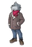  2003 anthro bottomwear canid canine canis clothing fur grey_body grey_fur kemono low_res male mammal pants scarf simple_background solo sweater topwear white_background wolf yuuki-abe 