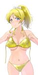  1girl ayase_eli bikini blonde_hair blue_eyes bow breasts cleavage cowboy_shot gold_bikini hair_bow high_ponytail large_breasts love_live! love_live!_school_idol_project navel nonaka_kokoro ponytail simple_background solo stomach swimsuit untied_bikini white_background white_bow 