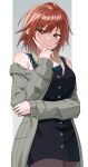  absurdres aketa_mikoto armpit_crease black_dress brown_hair brown_pantyhose camellia_90 coat commentary dress gradient_hair grey_coat hand_on_own_chin highres idolmaster idolmaster_shiny_colors long_hair looking_at_viewer multicolored_hair pantyhose pillarboxed pinstripe_pattern simple_background smile stroking_own_chin yuri 