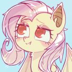 1:1 2025 ambiguous_form bat_pony blue_background equid eyelashes female flutterbat_(mlp) fluttershy_(mlp) friendship_is_magic fur hasbro hi_res kari_izuchi mammal mane my_little_pony red_eyes simple_background solo wings yellow_body yellow_fur