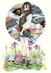  1girl animal black_eyes black_hair blue_shorts brown_footwear bucket caterpillar circle flower full_body hair_between_eyes holding holding_animal koinobori long_sleeves medium_hair original oversized_insect pinkxxxna plant purple_flower shirt shorts solo standing traditional_media watercolor_(medium) white_shirt 