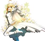  1girl :d absurdres ahoge belt blonde_hair bodysuit chain cowboy_shot fate/extra fate/extra_ccc fate_(series) flower gloves green_eyes highres jewelry lily_(flower) looking_at_viewer nero_claudius_(bride)_(fate) nero_claudius_(fate)_(all) official_art open_mouth pointing pointing_at_viewer ring shoes short_hair smile solo standing standing_on_one_leg takeuchi_takashi veil white_background white_bodysuit white_footwear white_gloves white_theme zipper zipper_pull_tab 