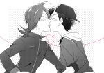  2boys ahoge backwards_hat blush couple dotted_background ethan_(pokemon) hat heart heart_of_string high_collar imminent_kiss jacket male_focus monochrome multiple_boys neva_na10 open_mouth pokemon pokemon_(game) pokemon_hgss pulling screentones silver_(pokemon) surprised sweatdrop yaoi 