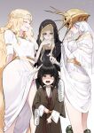  4boys age_difference black_hair charles_(gu599) cock_ring covered_eyes dark_souls_(series) dark_souls_i dark_souls_iii dark_sun_gwyndolin elden_ring fromsoftware gold_headwear height_difference helmet helmet_over_eyes highres japanese_clothes kuro_the_divine_heir long_hair looking_at_viewer lothric_(younger_prince) miquella_(elden_ring) multiple_boys onii-shota otoko_no_ko penis penis_on_head sekiro:_shadows_die_twice sex_toy simple_background smile spiked_helmet spiked_necklace very_long_hair white_hair 