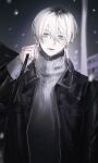  1boy bag black_jacket blonde_hair blurry blurry_background blush bright_pupils closed_mouth collared_jacket commentary earrings eyeshadow grey_eyes grey_sweater hair_between_eyes highres holding holding_bag jacket jewelry looking_at_viewer makeup male_focus medium_hair mole mole_under_mouth night open_clothes open_jacket original outdoors snowing solo st31010 sweater symbol-only_commentary toi_(st31010) torn_clothes torn_sweater unzipped upper_body white_pupils 