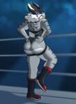 2025 5_fingers absurd_res anthro bent_leg black_clothing black_footwear black_lips black_lipstick black_mask black_shoes blue_sclera butt clothing digital_drawing_(artwork) digital_media_(artwork) fangs felid female fingers footwear fur grey_body grey_fur grey_striped_fur grey_stripes hair hi_res lips lipstick looking_at_viewer looking_back looking_back_at_viewer makeup mammal mask multicolored_body multicolored_fur nails on_one_leg prehistoric_species presenting presenting_hindquarters ring_cats roboticsteve saber-toothed_tiger saber_(roboticsteve) sabertooth_(anatomy) scut_tail sharp_nails short_tail solo sports_mask sportswear standing striped_body striped_fur stripes tail teeth wearing_mask white_body white_fur white_hair wrestler wrestling_mask yellow_teeth