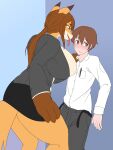  absurd_res anthro big_breasts blush bottomwear breasts brown_hair canid canine clothed clothing female hair hi_res human larger_female male male/female mammal scuttlfish size_difference skirt smaller_male tongue tongue_out 