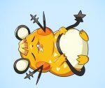 2022 blue_background bodily_fluids dedenne demon_slayer drunk_oak eyes_closed fur generation_6_pokemon nintendo open_mouth open_smile pokemon pokemon_(species) saliva simple_background sleeping smile solo tail teeth yellow_body yellow_fur zenitsu_agatsuma