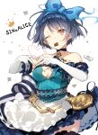  1girl alice_(sinoalice) apron bad_id bad_pixiv_id blue_hair bow breasts chain chocolate choker cleavage cleavage_cutout clothing_cutout dress elbow_gloves frilled_apron frilled_dress frilled_legwear frills fukuda935 gloves hair_bow hairband heart heart_hands looking_at_viewer medium_breasts mouth_hold one_eye_closed pocket_watch red_eyes ribbon short_hair sinoalice solo thighhighs watch white_gloves zettai_ryouiki 