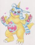  &lt;3 absurd_res animal_skin anthro belly blush digimon digimon_(species) gabumon hi_res horn male moobs one_eye_closed slightly_chubby solo tabasukotrr traditional_media_(artwork) wink 