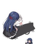  1girl black_cat black_shoes black_skirt black_thighhighs blue_hair blush bow braid cat commentary crossed_arms eluthel hair_bow half_up_braid highres idolmaster idolmaster_cinderella_girls long_hair mary_janes middle_w multiple_views pero_(idolmaster_cinderella_girls) petticoat red_bow sajo_yukimi shadow shadow_puppet shirt shoes simple_background skirt smile squatting thighhighs very_long_hair w white_background white_shirt 
