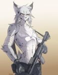 absurd_res anthro clothing ear_tuft electronics endjfcar felid feline fur gloves gun handwear hartman_(hunglee) headgear headphones headset headset_microphone hi_res lynx male mammal military ranged_weapon rifle rifle_sling shirtless shirtless_anthro shirtless_male solo tactical_gear tactical_gloves tactical_pants tuft weapon white_body white_fur yellow_eyes