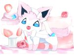  ambiguous_gender berry blue_eyes blue_sclera bow_tie dessert eeveelution feet feral fluffy fluffy_tail food food_in_mouth fruit fur hindpaw mammal markings_(fur) nintendo open_mouth paws pink_body pink_fur plant pok&eacute;mon pok&eacute;mon_(species) raspberry ribbons smile snoiifoxxo solo solo_focus strawberry sylveon video_games white_body white_fur 