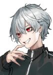  1boy absurdres bangs black_jacket earrings eyebrows_visible_through_hair grey_hair grin hair_between_eyes hand_up haruyuki_(gffewuoutgblubh) highres jacket jewelry kuzuha_(nijisanji) long_sleeves looking_away male_focus mole mole_under_eye nijisanji pointy_ears red_eyes simple_background sleeves_past_wrists smile solo track_jacket upper_body virtual_youtuber white_background 