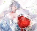  1girl bad_id bad_pixiv_id bouquet bridal_veil choker dress flower fukuda935 hair_bun hair_flower hair_ornament holding holding_bouquet looking_at_viewer parted_lips petals rose rose_petals short_hair silver_eyes silver_hair sinoalice sketch snow_white_(sinoalice) solo teeth veil wedding wedding_dress white_dress 