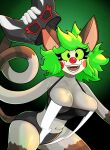 2025 absurd_res anthro black_mask breasts brown_body brown_fur cheek_spots cleavage clothed clothing clown_makeup clown_nose cosplay digital_drawing_(artwork) digital_media_(artwork) domestic_cat eyelashes fangs felid feline felis female fur green_hair green_sclera grey_body grey_fur hair hi_res long_arms looking_at_viewer mammal mask midriff multicolored_body multicolored_fur navel open_mouth open_smile ring_cats roboticsteve saber_(roboticsteve) skimpy smile solo sports_mask sportswear taffy_(robotic_stevie) tail teeth tongue wrestling_mask wrestling_outfit