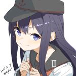  1girl absurdres akatsuki_(kancolle) akatsuki_kai_ni_(kancolle) anchor_symbol badge bigkwl black_sailor_collar blush dated flat_cap hat highres kantai_collection long_hair long_sleeves looking_at_viewer neckerchief one-hour_drawing_challenge purple_eyes purple_hair red_neckerchief sailor_collar school_uniform serafuku simple_background smile solo twitter_username upper_body white_background 