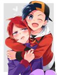  2boys annoyed backwards_hat black_hair blue_eyes blush border couple ethan_(pokemon) grey_background hat heart hug hug_from_behind jacket looking_at_another looking_at_viewer male_focus multiple_boys neva_na10 one_eye_closed open_mouth pokemon pokemon_(game) pokemon_hgss purple_eyes red_hair short_hair silver_(pokemon) simple_background sitting sweatdrop yaoi 