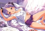  1girl arm_up armpits bangs barefoot bed bedroom black_ribbon blush collarbone commentary_request curtains eyebrows_visible_through_hair foot_out_of_frame hair_ribbon hand_on_own_stomach head_on_pillow hiiragi_kagami ichimirenge indoors knee_up koizumi_itsuki kyon long_hair looking_at_viewer lucky_star lying manga_(object) midriff navel on_back on_bed open_mouth photo_(object) pillow purple_eyes purple_hair purple_shorts ribbon second-party_source shirt short_sleeves shorts single_bare_shoulder solo suzumiya_haruhi_no_yuuutsu thighs toes twintails very_long_hair white_shirt 