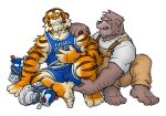  2002 anthro bottomwear brown_body brown_fur clothing duo felid fur humanoid_hands kemono low_res male mammal muscular muscular_male pantherine shirt shorts simple_background sitting tiger topwear ursid white_background yuuki-abe 