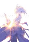  1girl artist_name black_pantyhose character_name choco_(chocolate_shop) commentary_request copyright_name cowboy_shot fate/grand_order fate_(series) floating_hair gauntlets hair_over_one_eye lens_flare mash_kyrielight mash_kyrielight_(paladin) pantyhose short_hair signature simple_background solo spoilers trinity_metatronius_(fate/grand_order) twitter_username white_background 