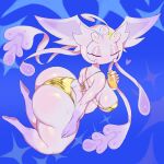 anthro beverage big_breasts big_butt bikini blue_background bottom_heavy breasts butt clothing elemental_creature eyelashes eyes_closed female floating gloves_(marking) gold_bikini heart_symbol hi_res holding_beverage holding_object huge_butt leg_markings luminalia_(the_battle_cats) markings mouthless pincparti ponos_corp. simple_background socks_(marking) solo swimwear the_battle_cats thick_thighs two-piece_swimsuit wide_hips