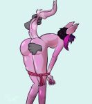  anthro bdsm bent_over bondage bound butt clothed clothing domestic_cat duo felid feline felis female flat_chested fur hi_res mammal no_underwear pink_body pink_fur plantmon pouting simple_background skinny 