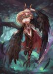  animal_humanoid avian avian_humanoid bangs big_breasts black_body black_feathers black_wings blonde_hair breasts claws clothing detailed_background european_mythology feathered_wings feathers female forest greek_mythology hair hanh_chu harpy harpy_humanoid hi_res horn horned_humanoid humanoid legwear light_body light_skin long_hair mythological_avian mythology outside plant red_eyes solo talons thigh_gap thigh_highs tree winged_arms wings 