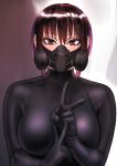  1girl black_bodysuit blush bodysuit breasts brown_eyes brown_hair hand_gesture highres kilye_4421 latex latex_bodysuit looking_at_viewer mask mouth_mask original respirator short_hair skin_tight solo 