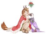  anthro antlers avian bird caligae clothing crown dragon dress duo female footwear hand_holding happy horn kissing kneeling male male/female mane mantle mistletoe muscular muscular_male peach_(pih_pih) penguin pih_pih plant prince prince_borgon royalty size_difference using_wings wing_hold wings 
