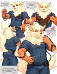 absurd_res anthro arcanine areola butt clothed clothing english_text generation_1_pokemon half-closed_eyes heart_symbol hi_res looking_at_viewer male multiple_poses muscular muscular_anthro muscular_male narrowed_eyes nintendo open_clothing pokemon pokemon_(species) pose rear_view red_eyes simple_background solo text uniform white_background yolko_shark