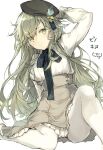  1boy bad_id bad_pixiv_id beret butterfly_ornament closed_eyes closed_mouth frown fukuda935 green_eyes green_hair hat hat_ornament long_hair looking_at_viewer male_focus otoko_no_ko pantyhose petticoat pinocchio_(sinoalice) reality_arc_(sinoalice) ribbon sad sidelocks signature sinoalice sitting skirt solo suspender_skirt suspenders white_background white_legwear 
