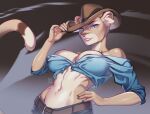 2024 5_fingers anthro athletic athletic_anthro athletic_female big_breasts blue_eyes breasts button_(fastener) cleavage clothed clothed_anthro clothed_female clothing collared_shirt cougar cowboy_hat crop_top dress_shirt exposed_shoulder felid feline female female_anthro fingers front_view gekko-seishin glistening glistening_breasts half-length_portrait hand_on_hip hand_on_own_hip hat headgear headwear hi_res humanoid_hands inner_ear_fluff long_tail looking_at_viewer mammal midriff off_shoulder pinup portrait pose shirt smile smiling_at_viewer solo straining_buttons tail toned_stomach topwear tuft valerie_(grizzlygus)