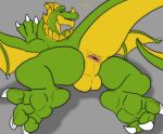 3_toes anus backsack balls blue_eyes butt chaussette claws curling_toes dialogue dragon english_text european_mythology feet feral fol foot_focus genitals green_body green_scales hindpaw horn lying male membrane_(anatomy) membranous_wings mythological_creature mythological_scalie mythology non-mammal_balls on_front open_mouth open_smile paws perineum presenting presenting_hindquarters raised_tail reptile scales scalie simple_background smile soles solo solo_focus tail teeth text toe_claws toes unfinished western_dragon wings yellow_body yellow_scales