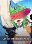  anthro canid canine english_text female genitals green_hair hair hi_res kemono male male/female mammal penis penis_on_face skulkers text tongue tongue_out 