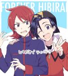  2boys ahoge angry backwards_hat blue_eyes blue_hair blush ethan_(pokemon) gensi hand_on_shoulder hat high_collar jacket looking_at_viewer male_focus multiple_boys one_eye_closed open_mouth pokemon pokemon_(game) pokemon_hgss purple_eyes red_hair short_hair silver_(pokemon) sweatdrop 