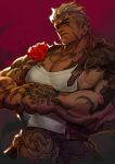  1boy absurdres afk_(series) afk_journey alex_(cerealex) arm_tattoo bara biceps closed_mouth cross_scar earrings english_commentary fade_(haircut) fist_bump flower gold_necklace highres jewelry looking_at_viewer lucca_(afk) male_focus muscular muscular_male necklace pectoral_cleavage pectorals rose scar scar_across_eye scar_on_face suspenders swept_bangs tank_top tattoo white_hair white_tank_top 